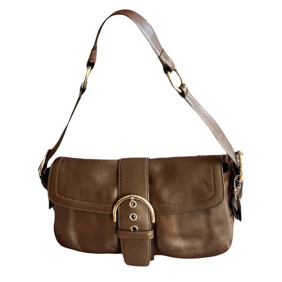 COACH 3653 Soho Double Pocket Buckle Flap Brown Leather Shoulder Bag Y2K 2005 - Picture 3 of 13